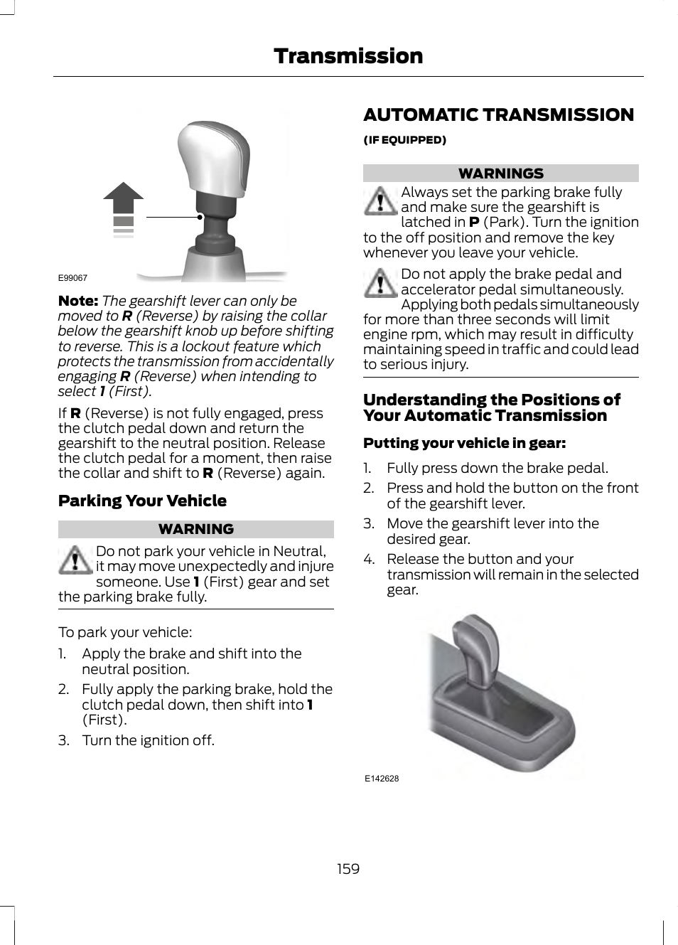 Automatic transmission, Transmission, Parking your vehicle | FORD 2013 Fusion v.2 User Manual | Page 161 / 453