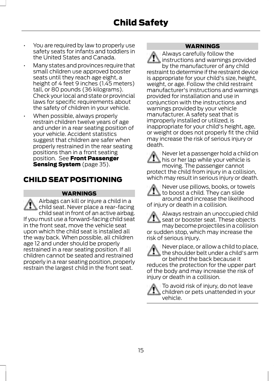 Child seat positioning, Child safety | FORD 2013 Fusion v.2 User Manual | Page 17 / 453