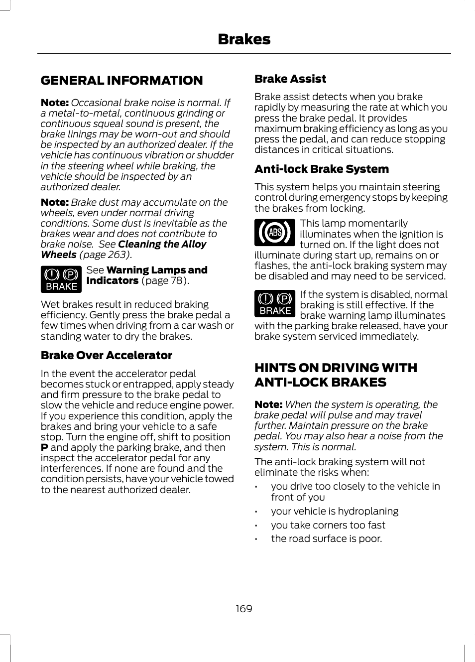 Brakes, General information, Hints on driving with anti-lock brakes | FORD 2013 Fusion v.2 User Manual | Page 171 / 453