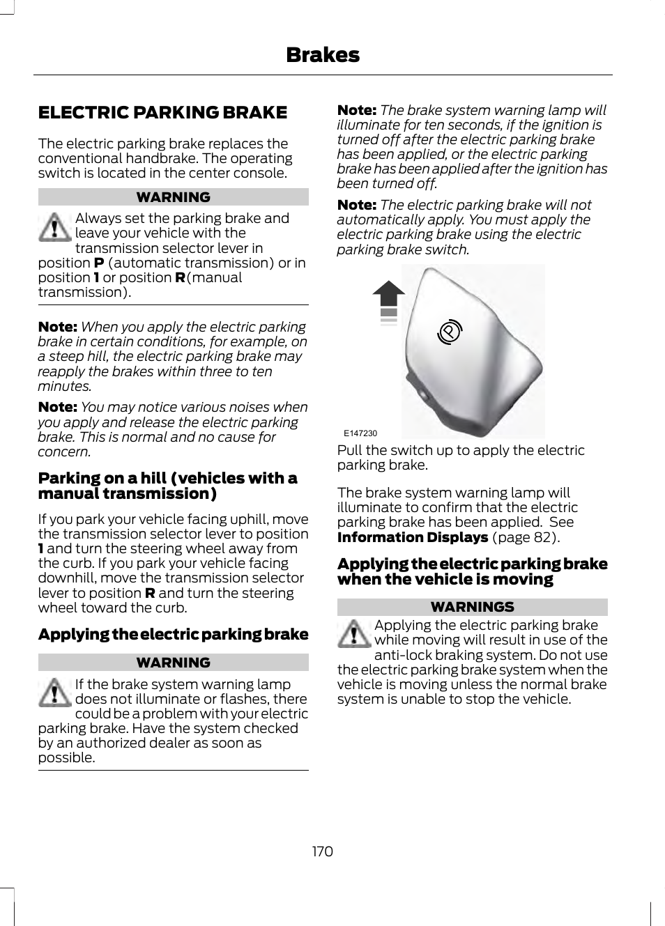 Electric parking brake, Brakes | FORD 2013 Fusion v.2 User Manual | Page 172 / 453