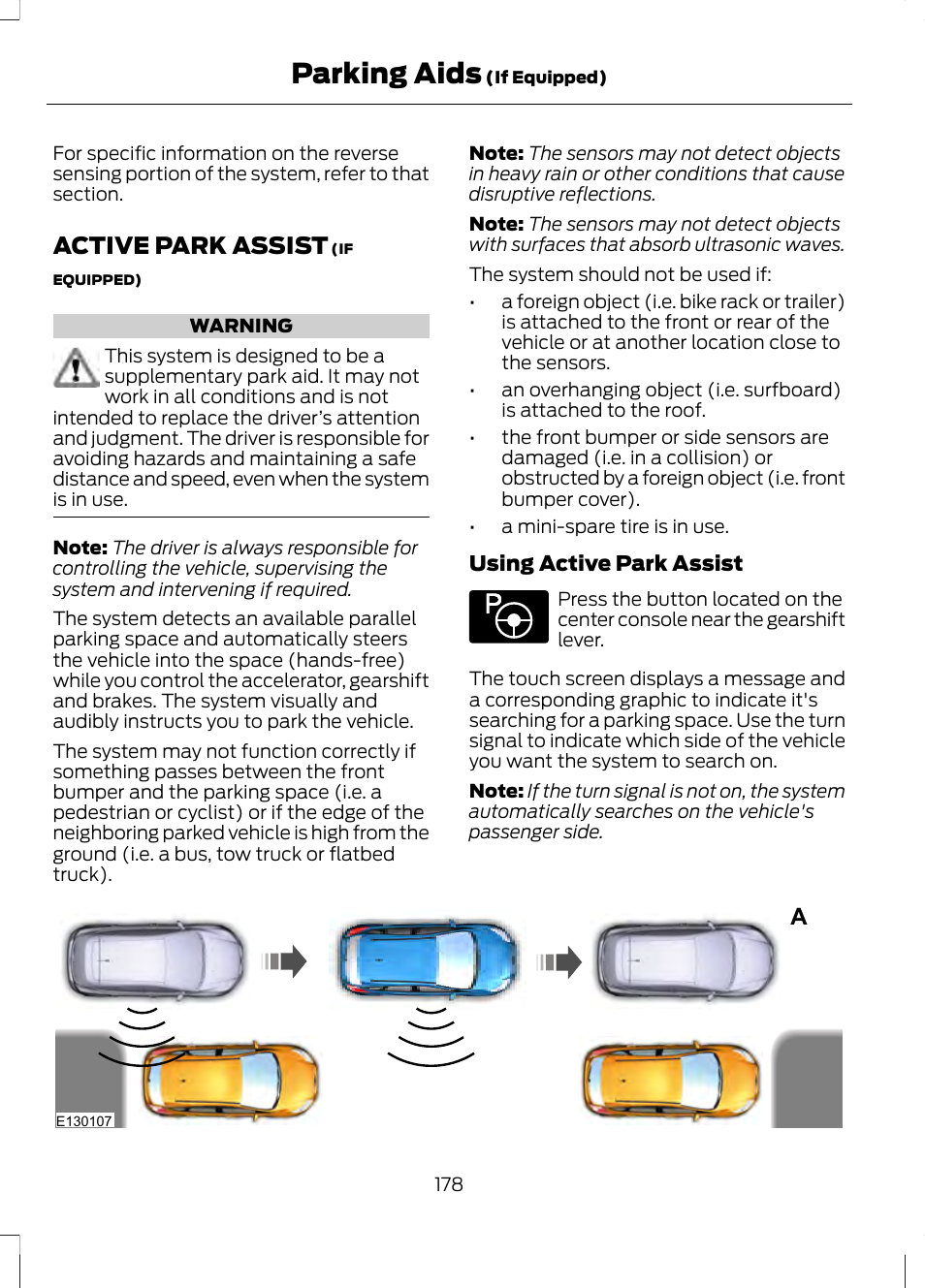 Active park assist, Parking aids | FORD 2013 Fusion v.2 User Manual | Page 180 / 453