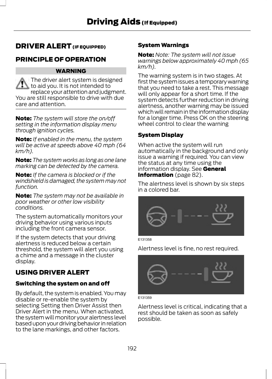 Driving aids, Driver alert | FORD 2013 Fusion v.2 User Manual | Page 194 / 453