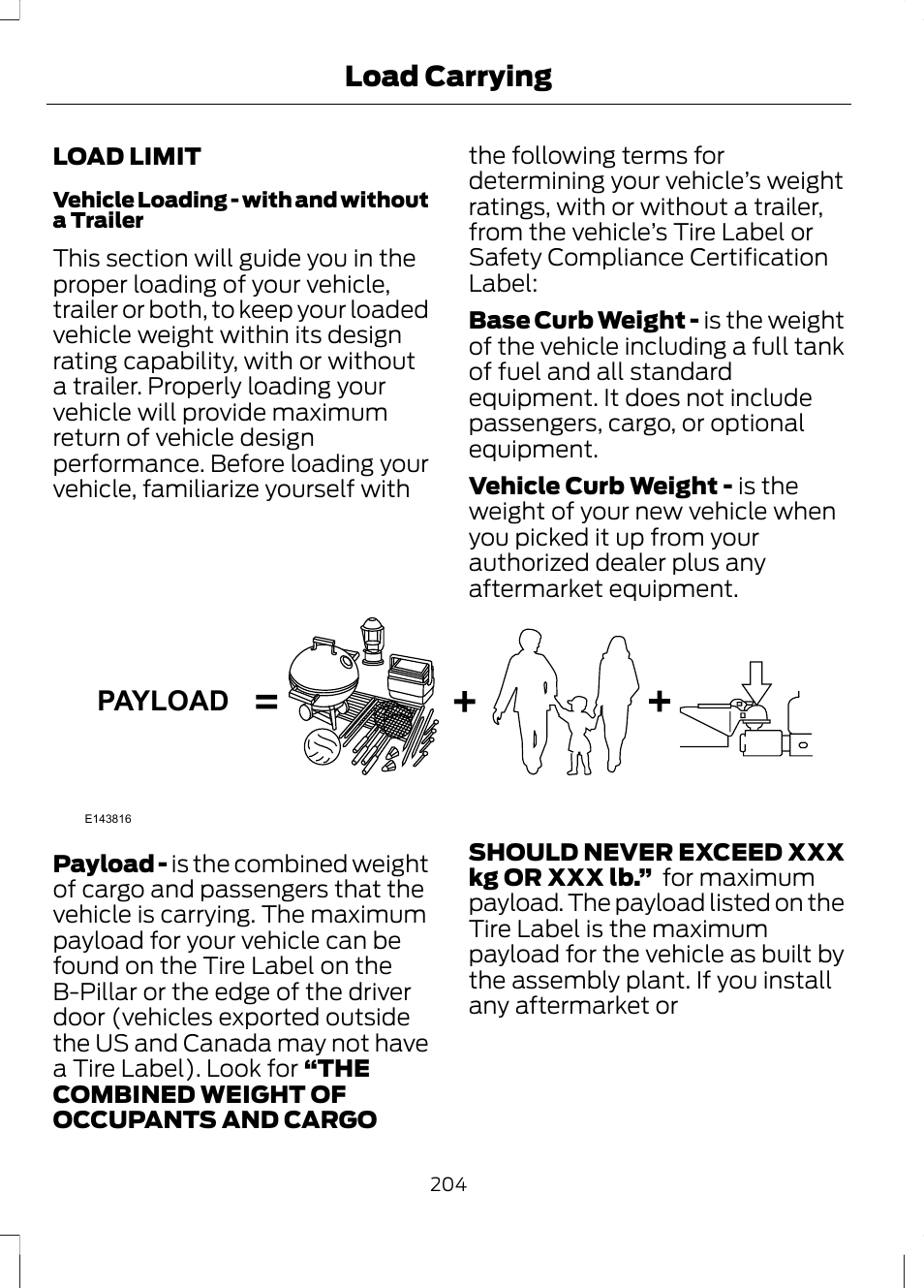 Load carrying, Load limit, Payload | FORD 2013 Fusion v.2 User Manual | Page 206 / 453