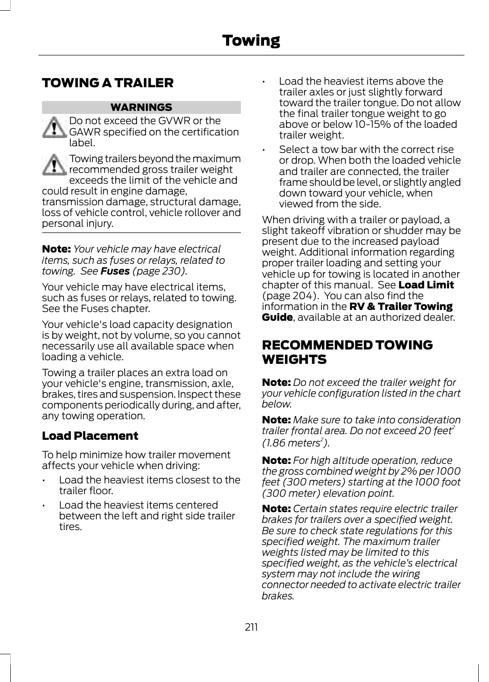 Towing, Towing a trailer, Recommended towing weights | Towing a trailer recommended towing weights | FORD 2013 Fusion v.2 User Manual | Page 213 / 453