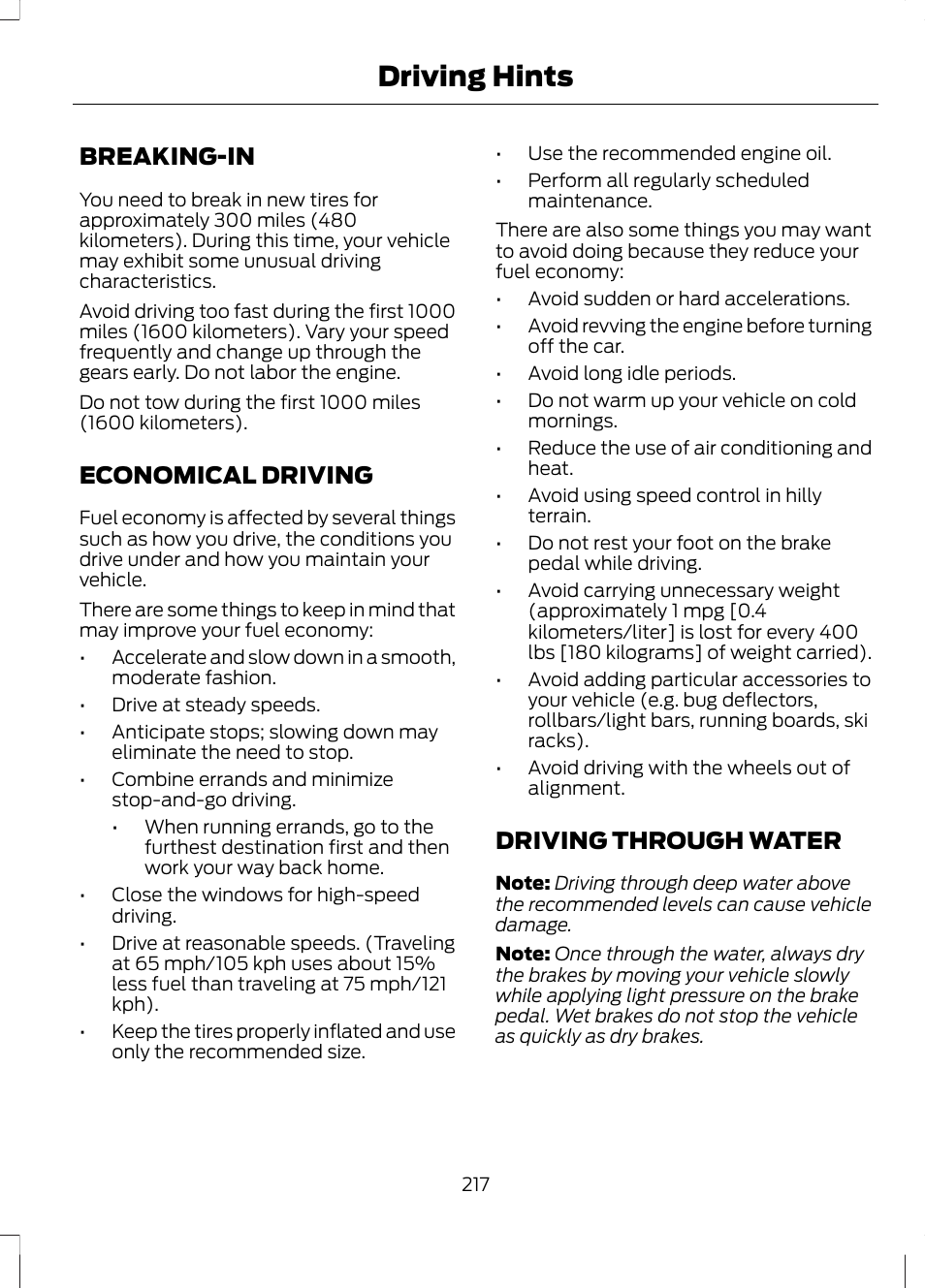 Driving hints, Breaking-in, Economical driving | Driving through water | FORD 2013 Fusion v.2 User Manual | Page 219 / 453