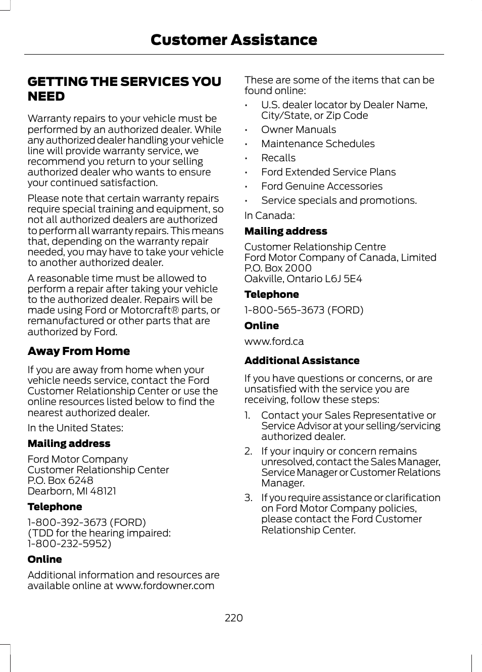 Customer assistance, Getting the services you need | FORD 2013 Fusion v.2 User Manual | Page 222 / 453