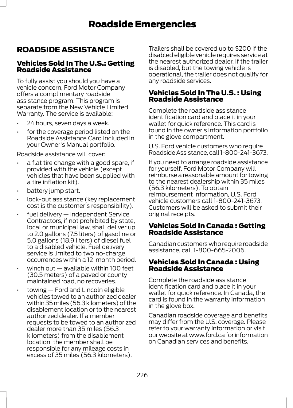 Roadside emergencies, Roadside assistance | FORD 2013 Fusion v.2 User Manual | Page 228 / 453
