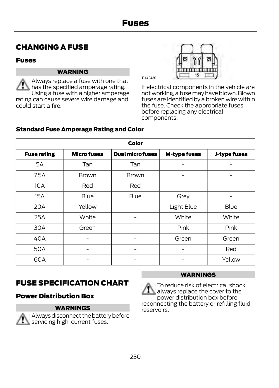 Fuses, Changing a fuse, Fuse specification chart | Changing a fuse fuse specification chart | FORD 2013 Fusion v.2 User Manual | Page 232 / 453