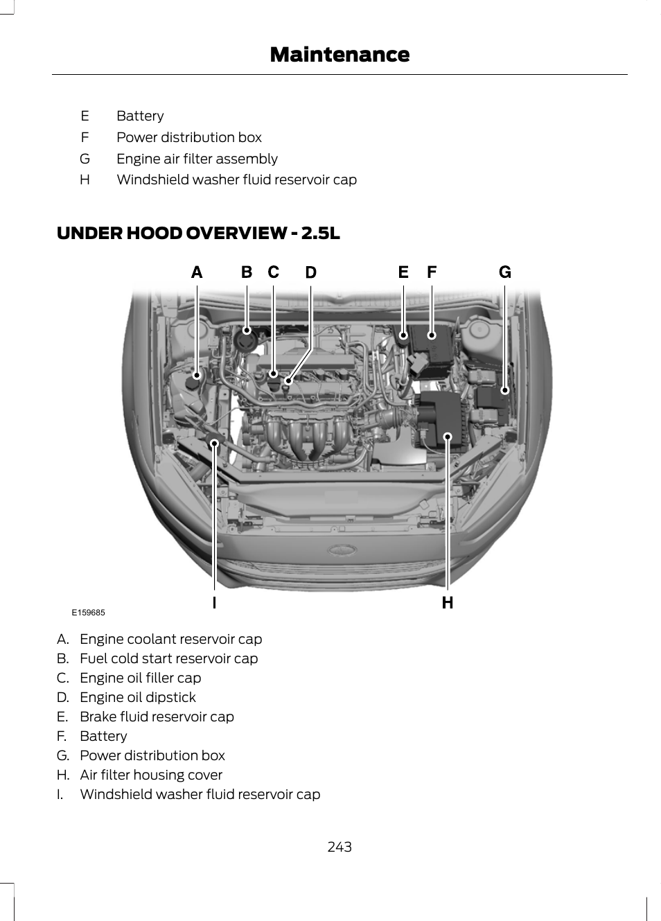Under hood overview, Under hood overview - 2.5l, Maintenance | FORD 2013 Fusion v.2 User Manual | Page 245 / 453