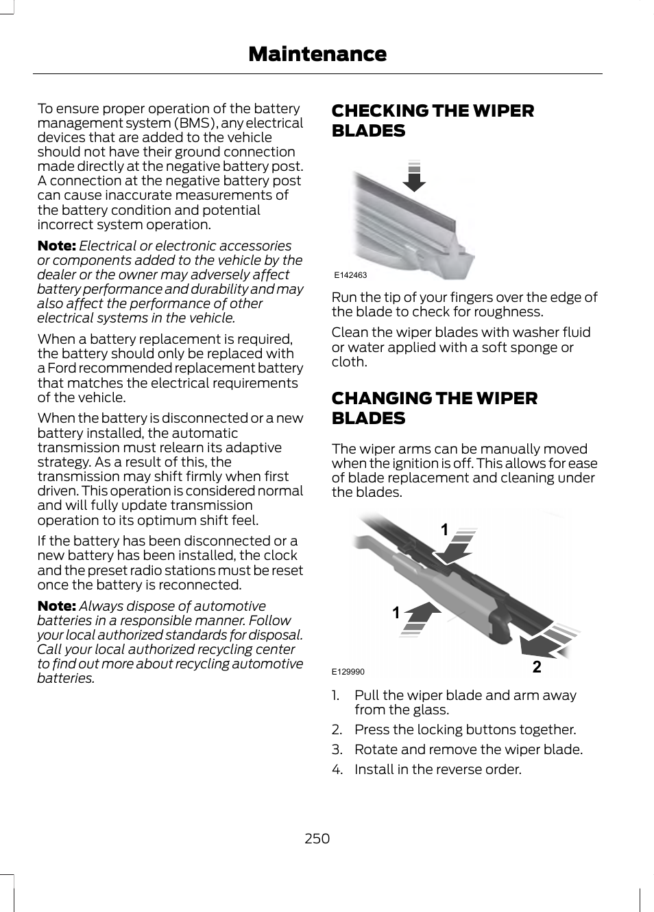 Checking the wiper blades, Changing the wiper blades, Maintenance | FORD 2013 Fusion v.2 User Manual | Page 252 / 453