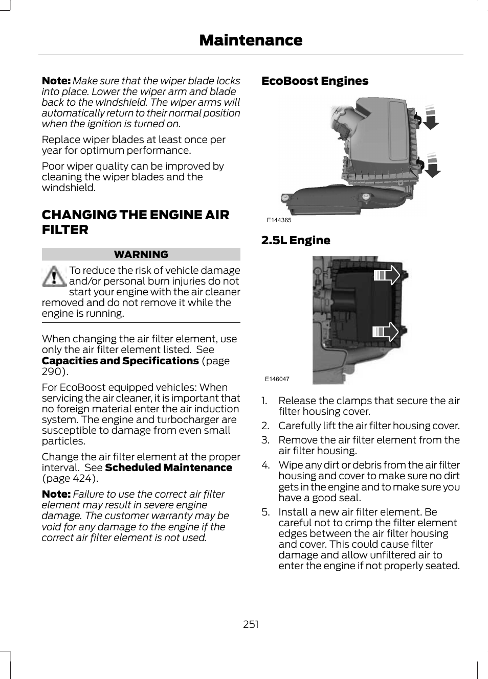 Changing the engine air filter, Maintenance | FORD 2013 Fusion v.2 User Manual | Page 253 / 453