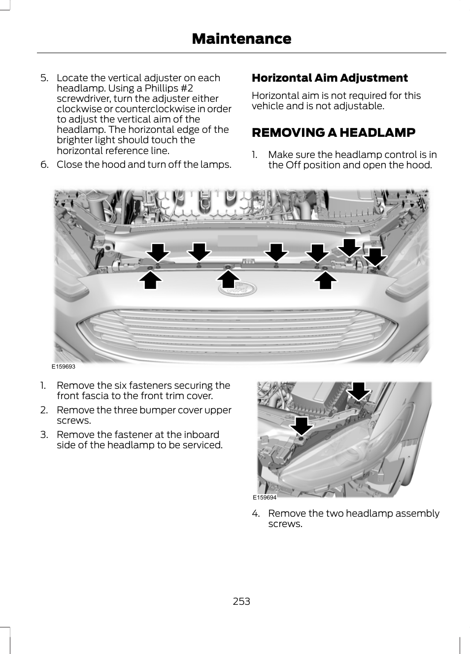 Removing a headlamp, Maintenance | FORD 2013 Fusion v.2 User Manual | Page 255 / 453