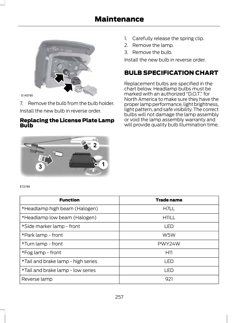 Bulb specification chart, Maintenance | FORD 2013 Fusion v.2 User Manual | Page 259 / 453