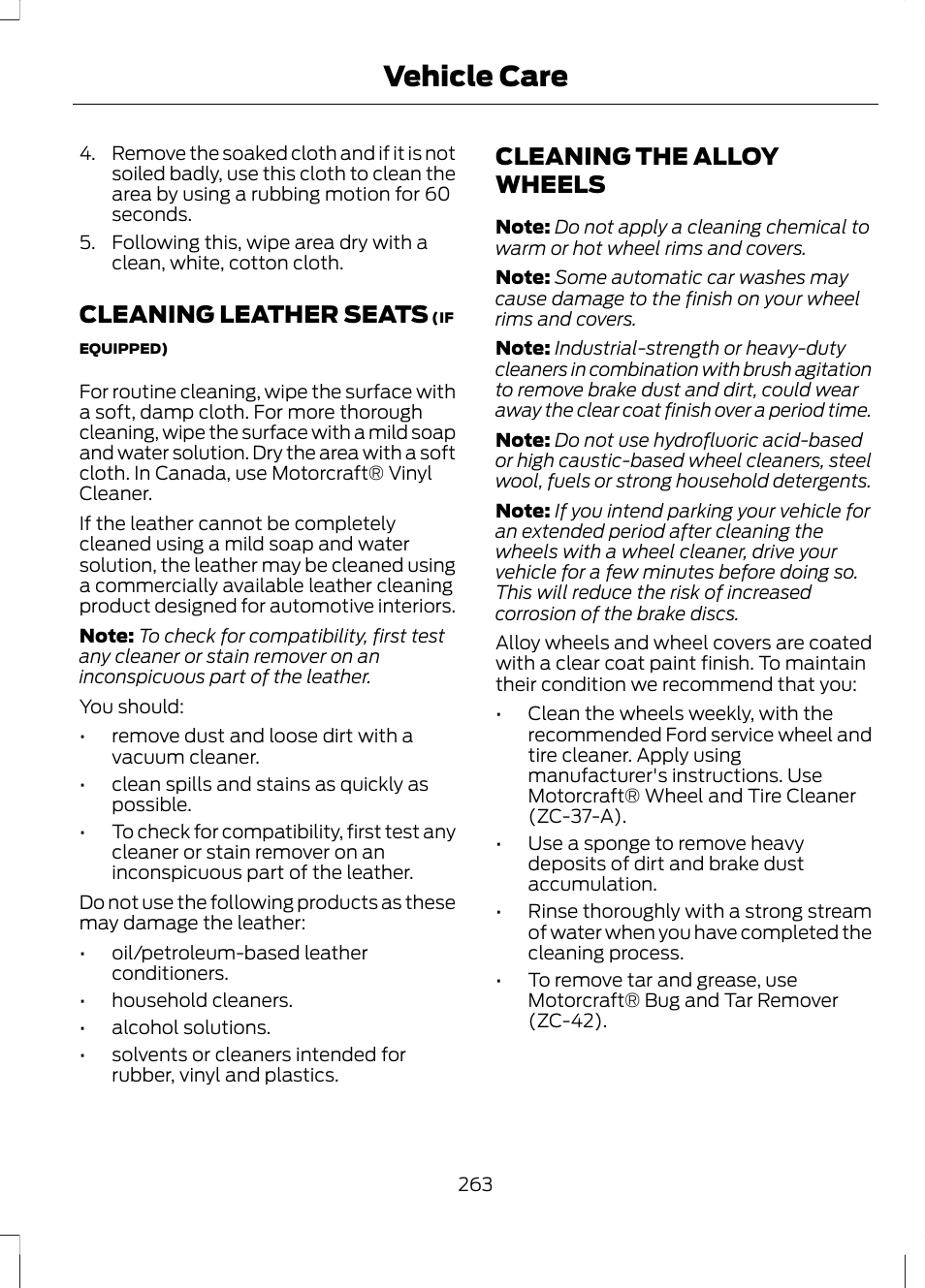 Cleaning leather seats, Cleaning the alloy wheels, Cleaning leather seats cleaning the alloy wheels | Vehicle care | FORD 2013 Fusion v.2 User Manual | Page 265 / 453