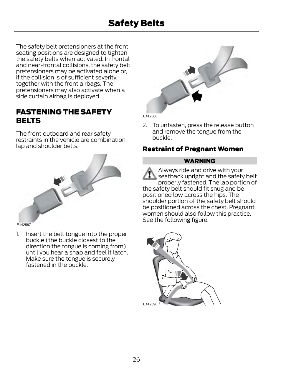 Fastening the safety belts, Safety belts | FORD 2013 Fusion v.2 User Manual | Page 28 / 453