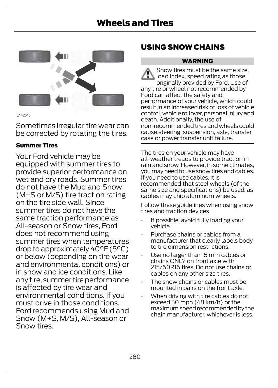 Using snow chains, Wheels and tires | FORD 2013 Fusion v.2 User Manual | Page 282 / 453