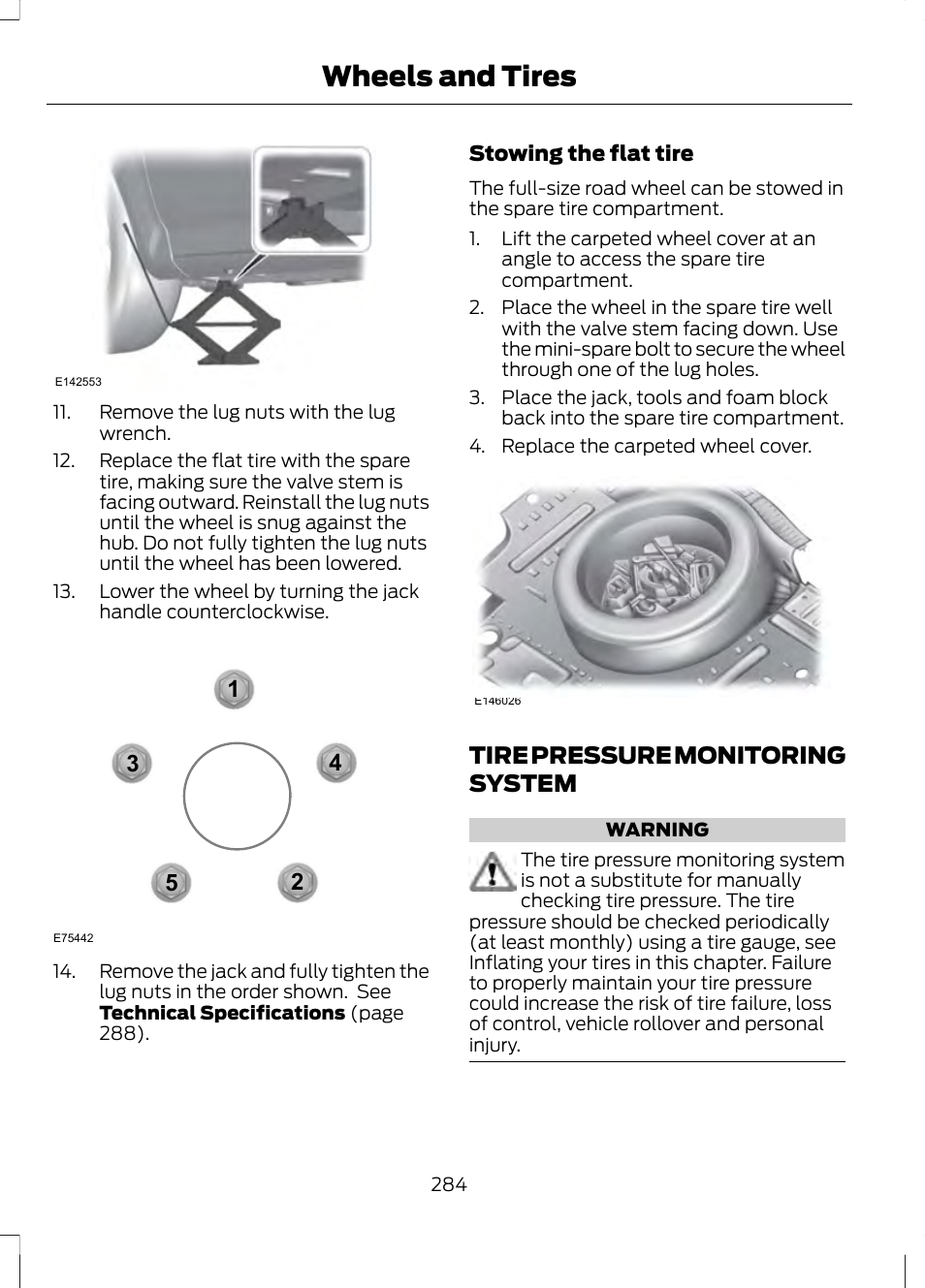 Tire pressure monitoring system, See tire pressure, Wheels and tires | FORD 2013 Fusion v.2 User Manual | Page 286 / 453