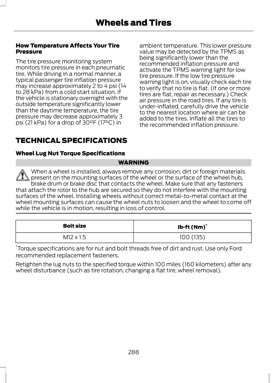 Technical specifications, Wheels and tires | FORD 2013 Fusion v.2 User Manual | Page 290 / 453