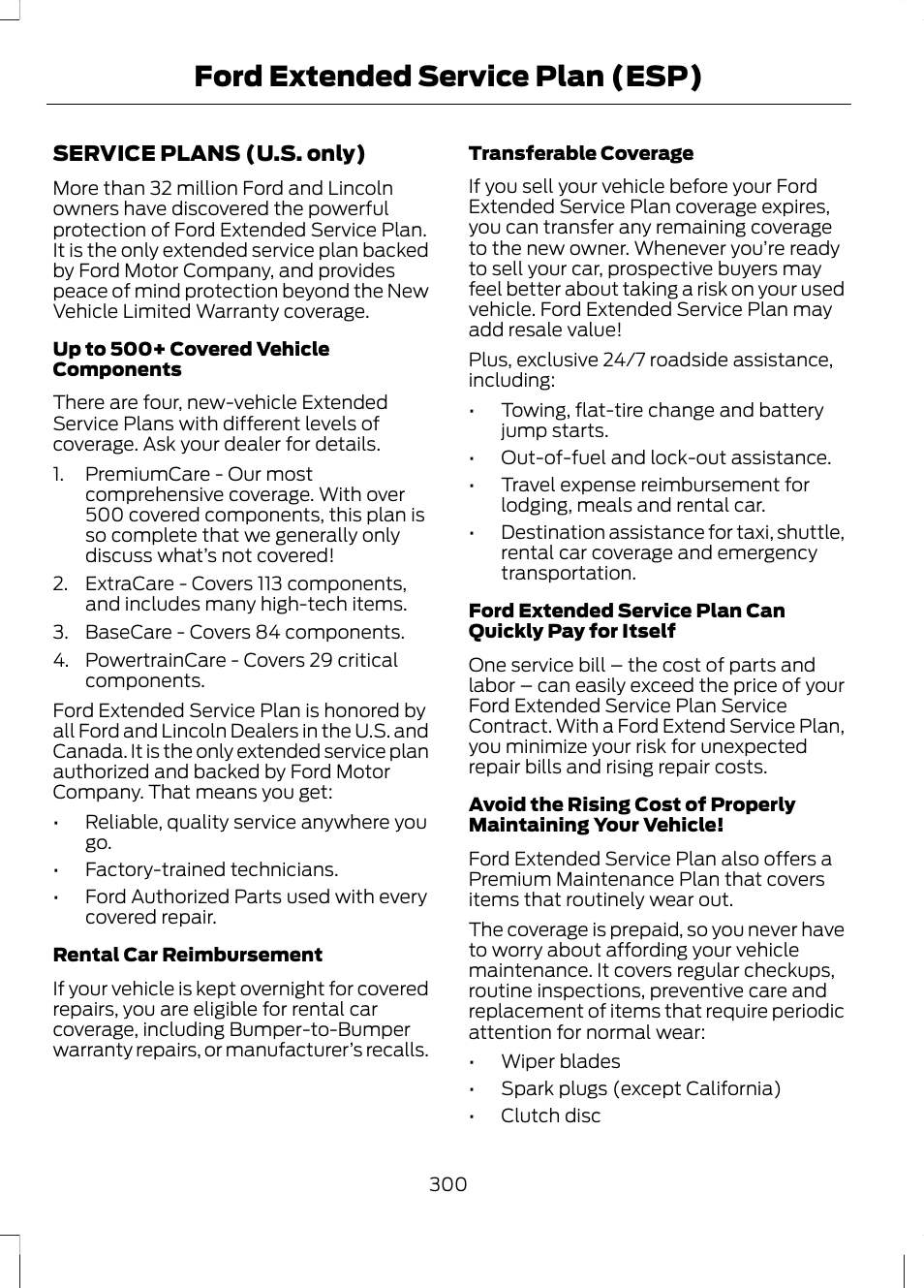 Ford extended service plan (esp), Ford extended service plan, Esp) | FORD 2013 Fusion v.2 User Manual | Page 302 / 453