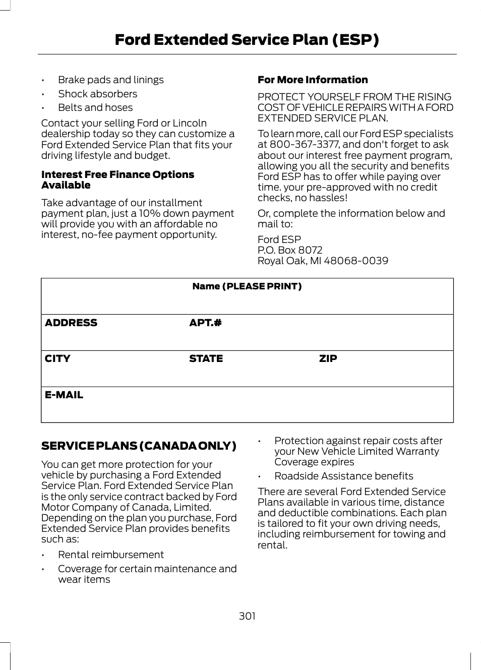 Ford extended service plan (esp) | FORD 2013 Fusion v.2 User Manual | Page 303 / 453