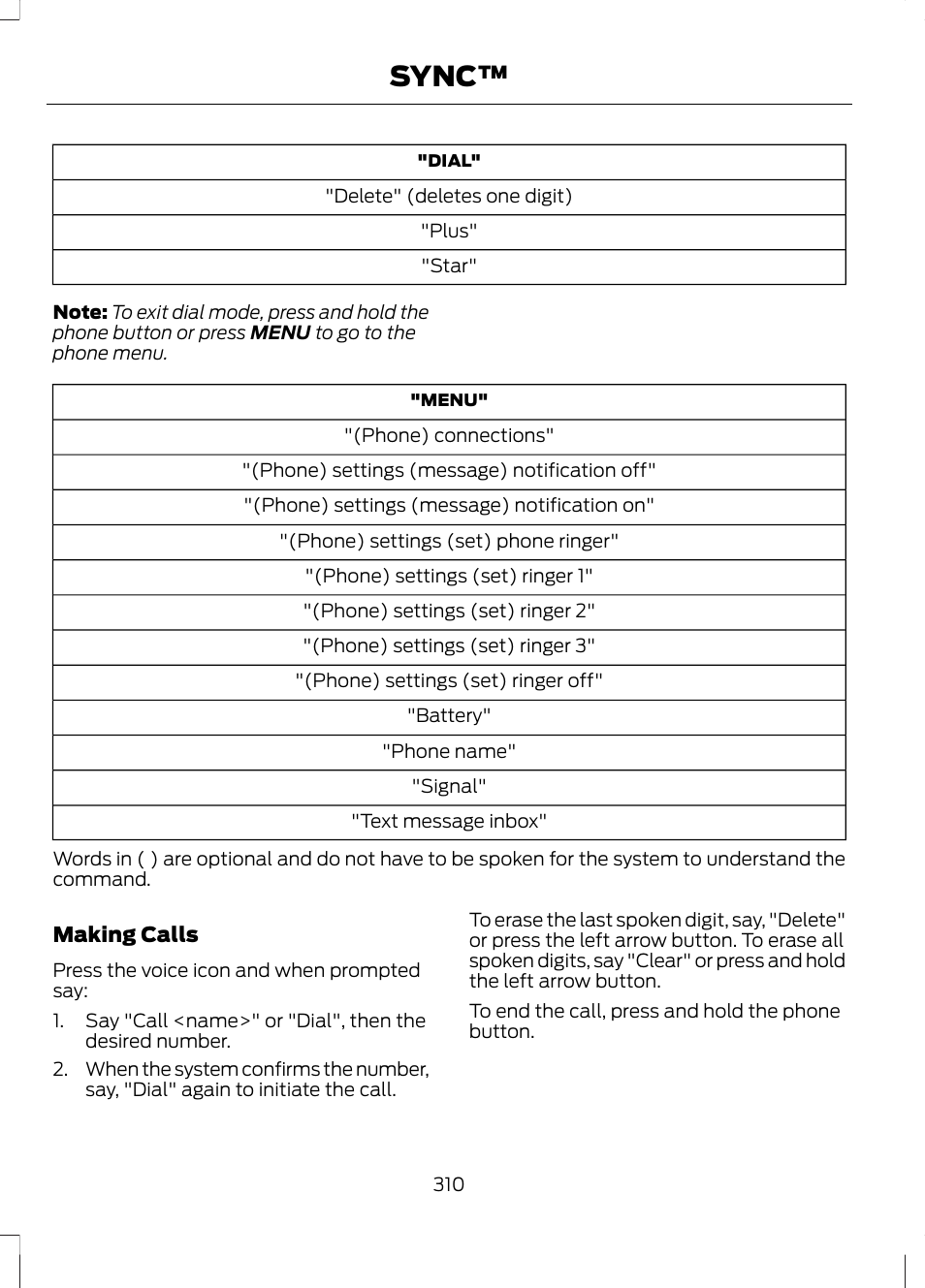 Sync | FORD 2013 Fusion v.2 User Manual | Page 312 / 453