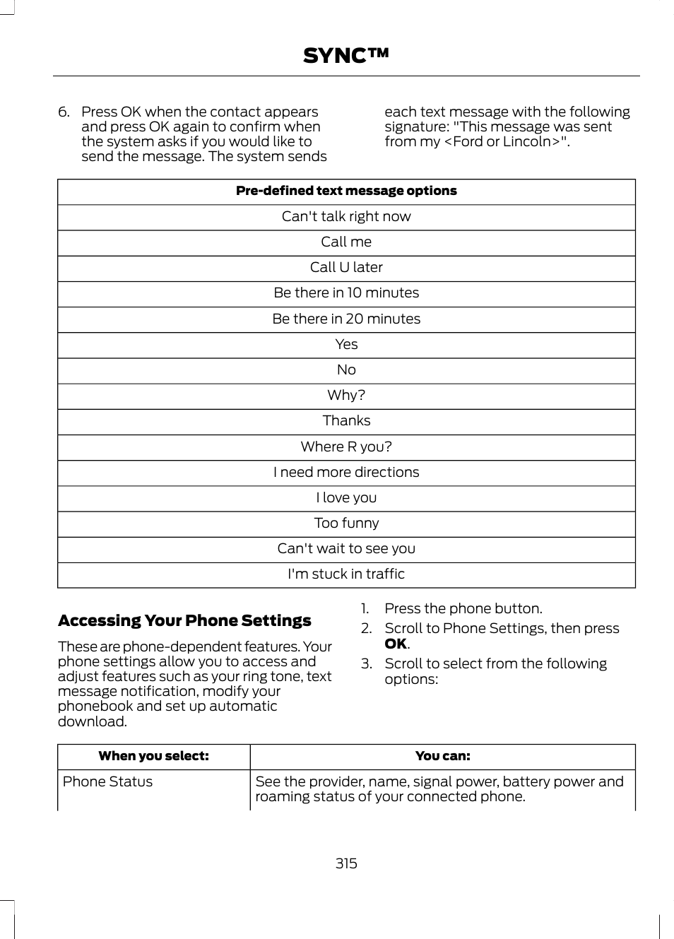 Sync | FORD 2013 Fusion v.2 User Manual | Page 317 / 453
