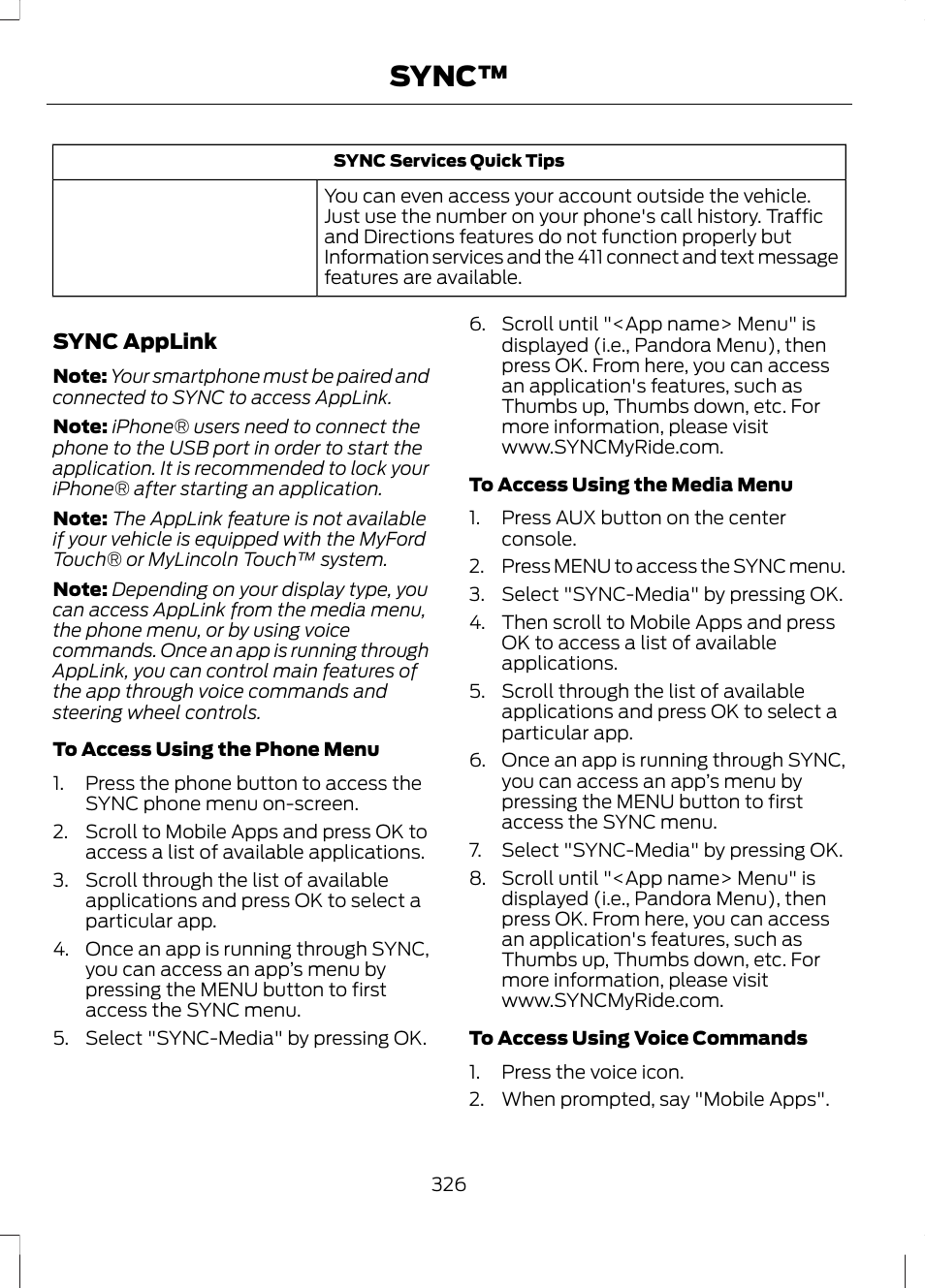 Sync | FORD 2013 Fusion v.2 User Manual | Page 328 / 453