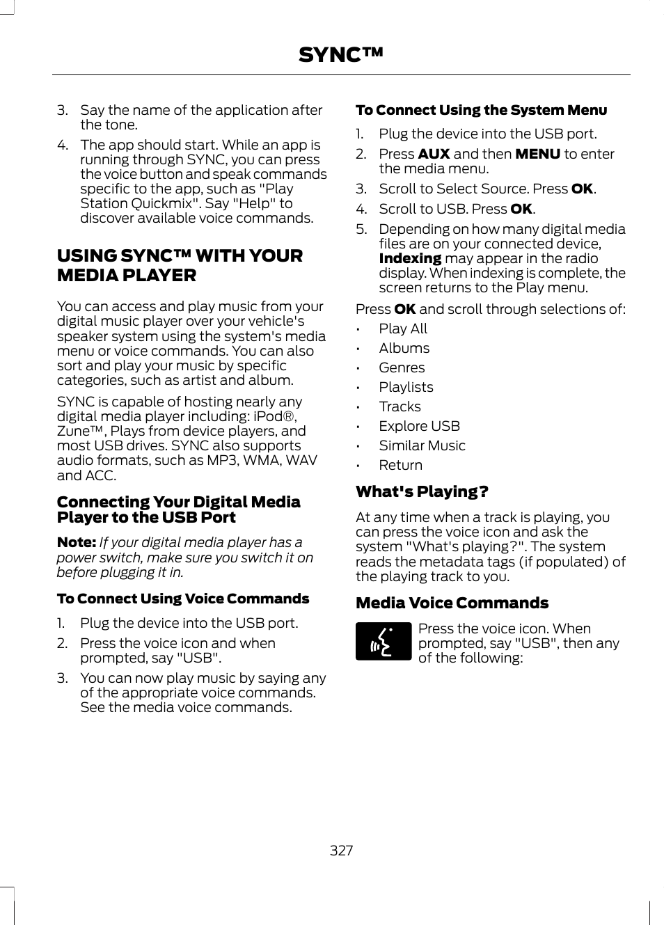 Using sync™ with your media player, Using sync™ with your media, Player | Sync | FORD 2013 Fusion v.2 User Manual | Page 329 / 453