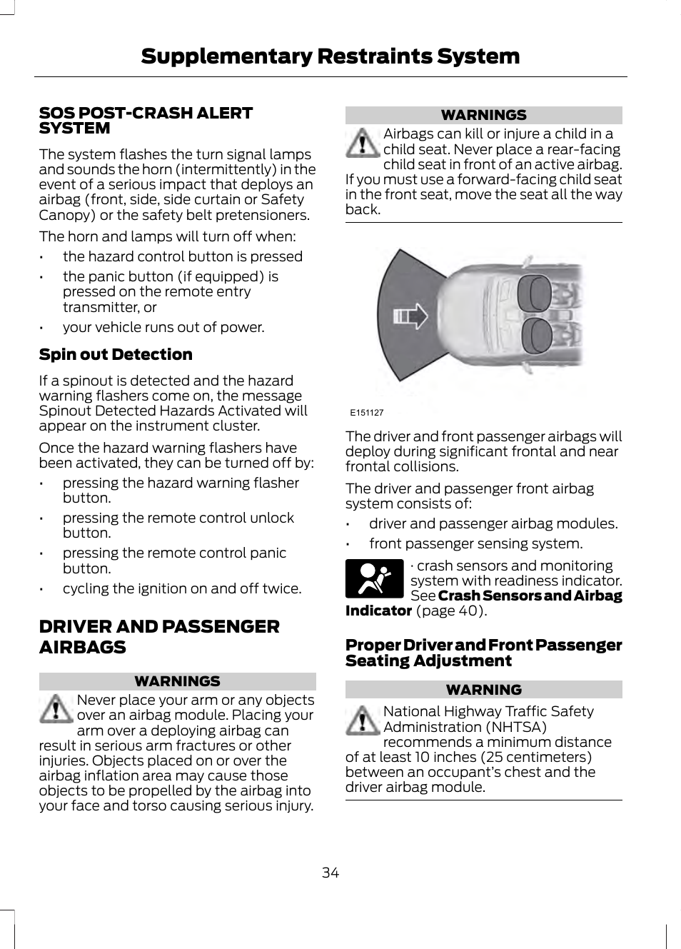 Driver and passenger airbags, Supplementary restraints system | FORD 2013 Fusion v.2 User Manual | Page 36 / 453