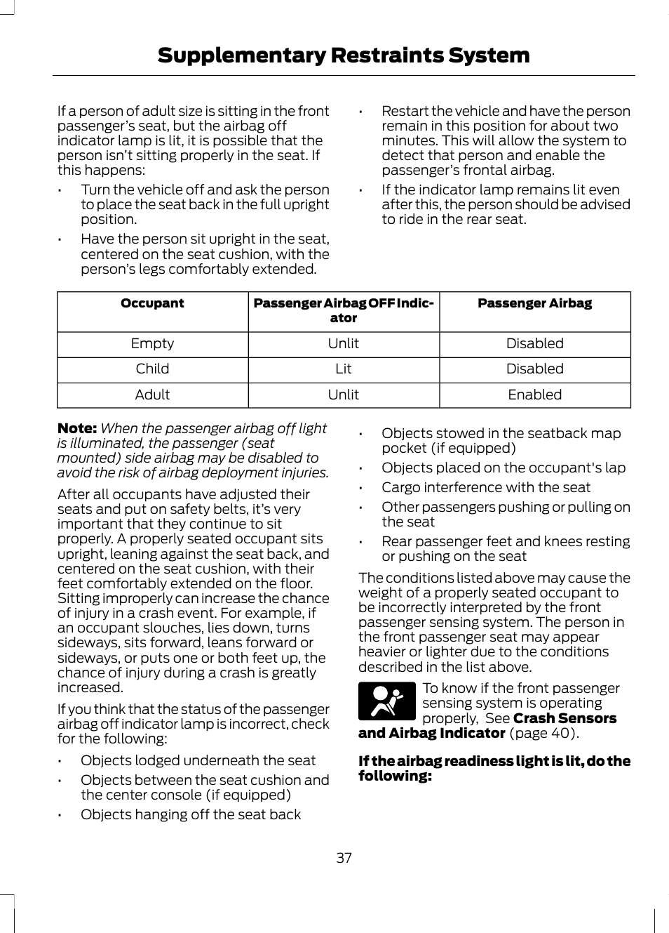 Supplementary restraints system | FORD 2013 Fusion v.2 User Manual | Page 39 / 453