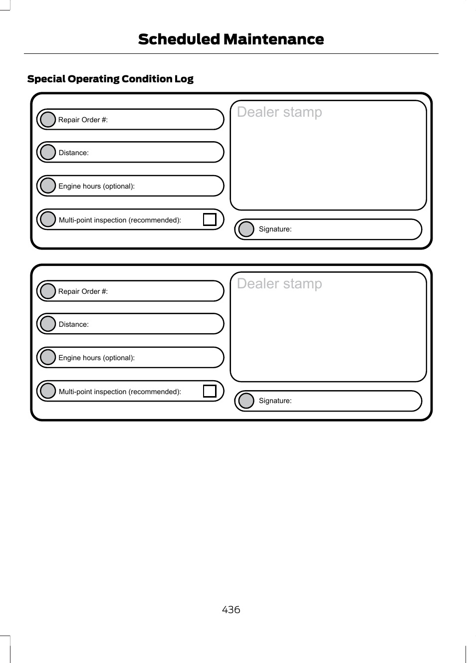 Dealer stamp, Scheduled maintenance | FORD 2013 Fusion v.2 User Manual | Page 438 / 453