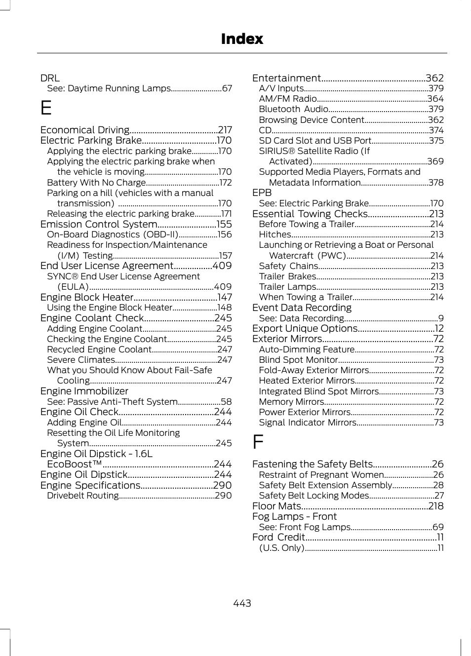 Index | FORD 2013 Fusion v.2 User Manual | Page 445 / 453