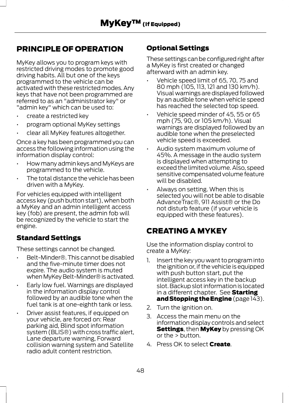 Mykey, Principle of operation, Creating a mykey | Principle of operation creating a mykey | FORD 2013 Fusion v.2 User Manual | Page 50 / 453