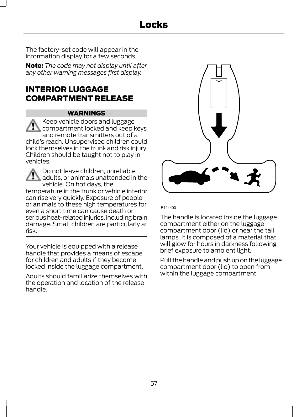 Interior luggage compartment release, Interior luggage compartment, Release | Locks | FORD 2013 Fusion v.2 User Manual | Page 59 / 453