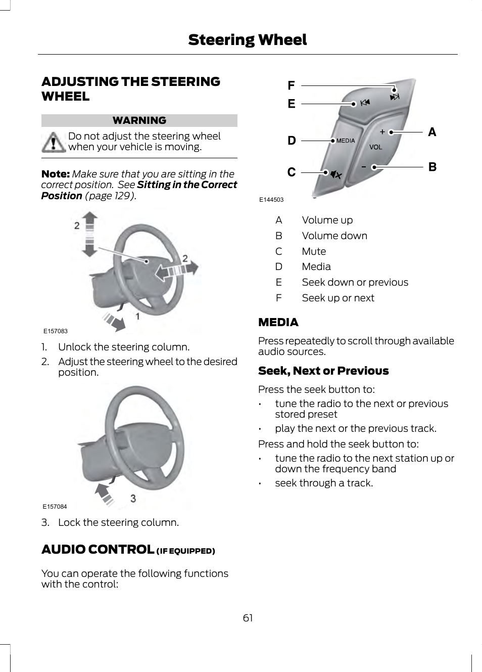 Steering wheel, Adjusting the steering wheel, Audio control | Adjusting the steering wheel audio control | FORD 2013 Fusion v.2 User Manual | Page 63 / 453
