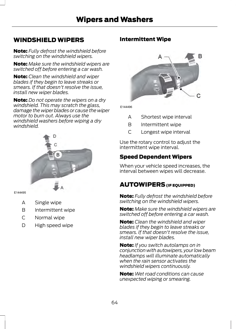 Wipers and washers, Windshield wipers, Autowipers | FORD 2013 Fusion v.2 User Manual | Page 66 / 453