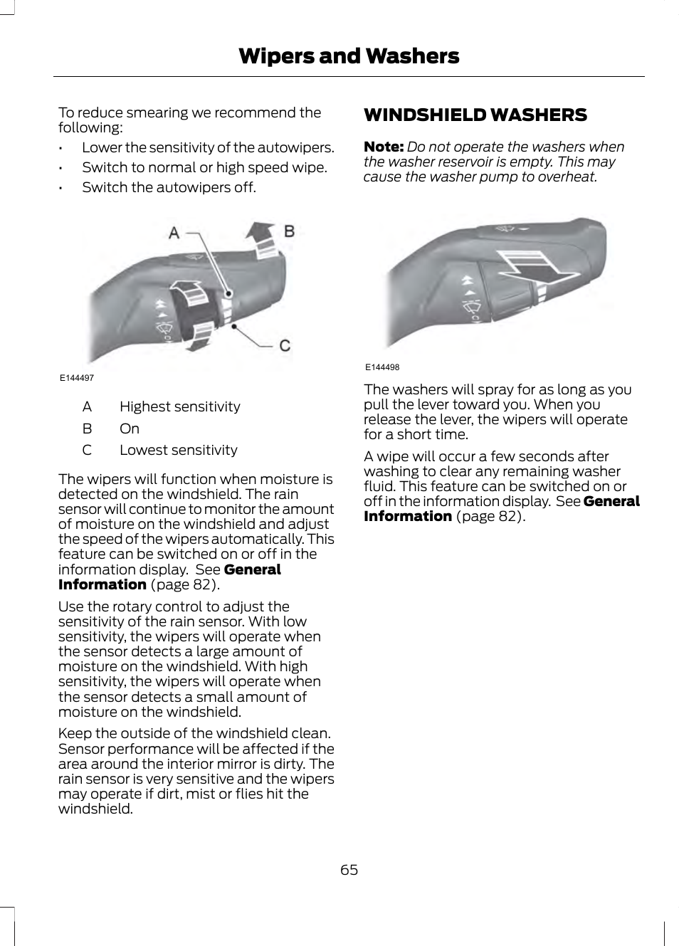 Windshield washers, Wipers and washers | FORD 2013 Fusion v.2 User Manual | Page 67 / 453