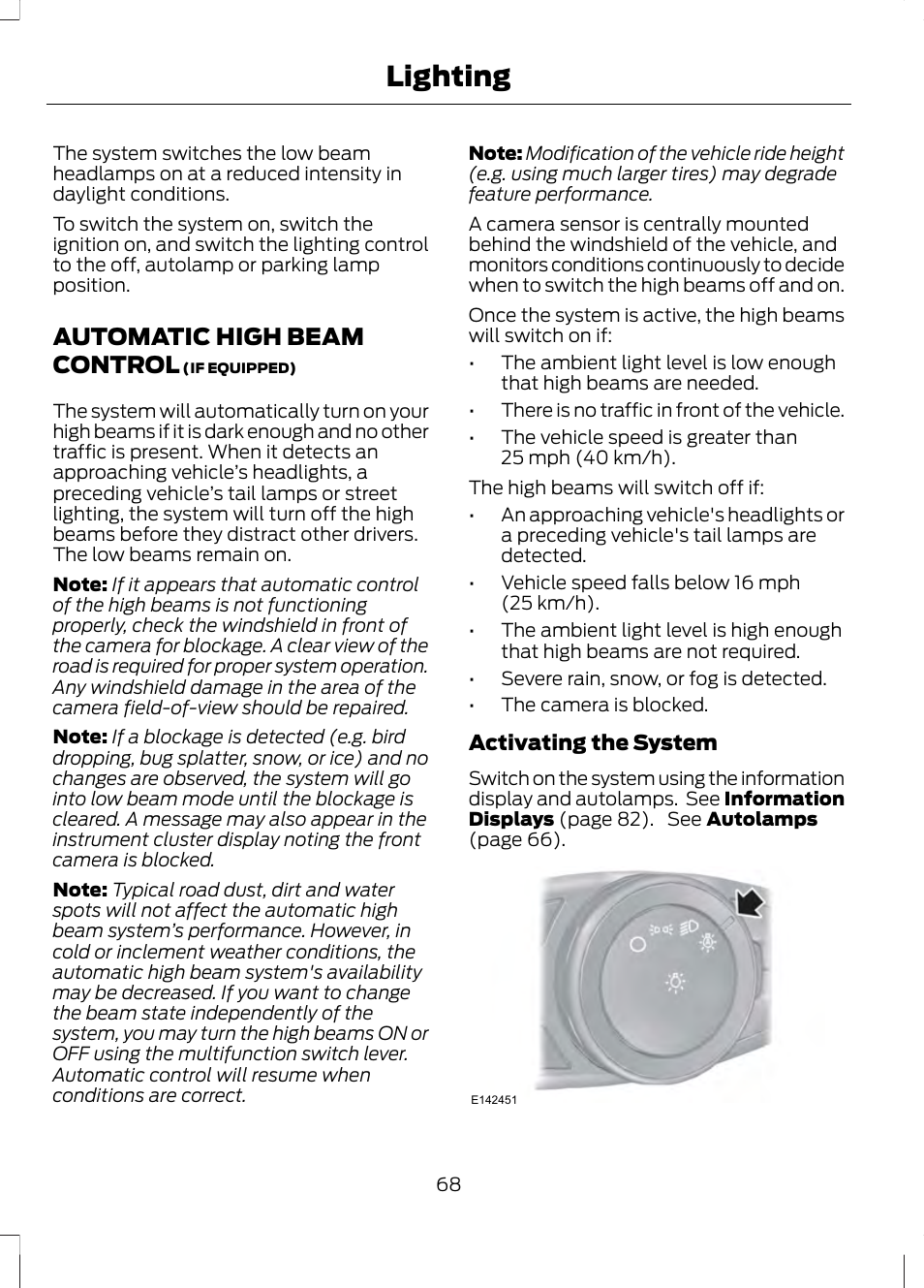 Automatic high beam control, Lighting | FORD 2013 Fusion v.2 User Manual | Page 70 / 453