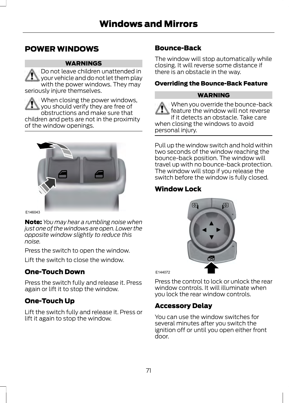 Windows and mirrors, Power windows | FORD 2013 Fusion v.2 User Manual | Page 73 / 453