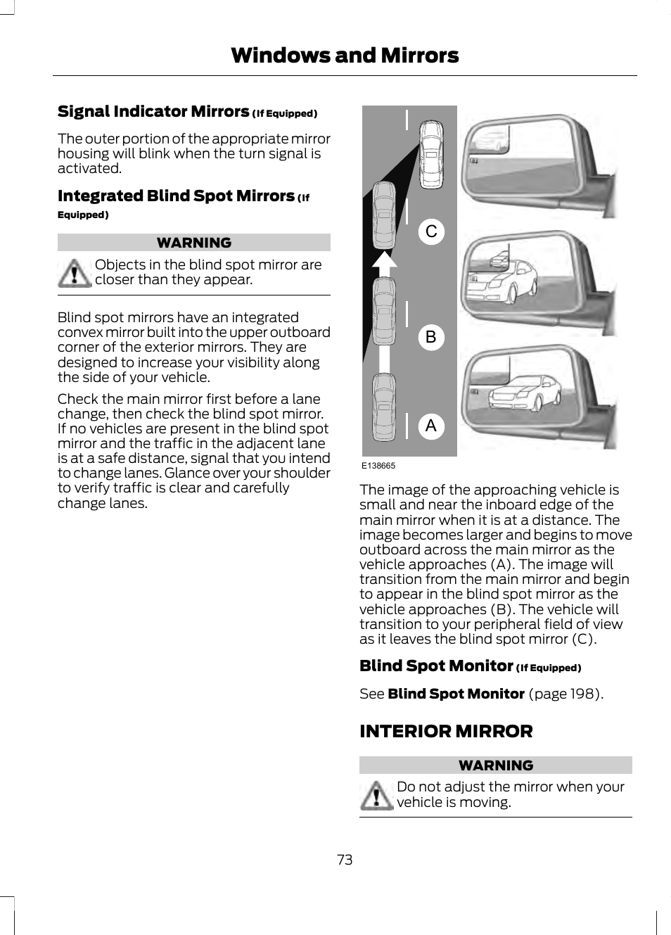 Interior mirror, Windows and mirrors, Ab c | FORD 2013 Fusion v.2 User Manual | Page 75 / 453