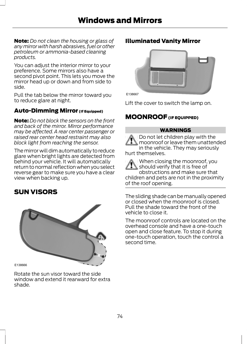 Sun visors, Moonroof, Sun visors moonroof | Windows and mirrors | FORD 2013 Fusion v.2 User Manual | Page 76 / 453