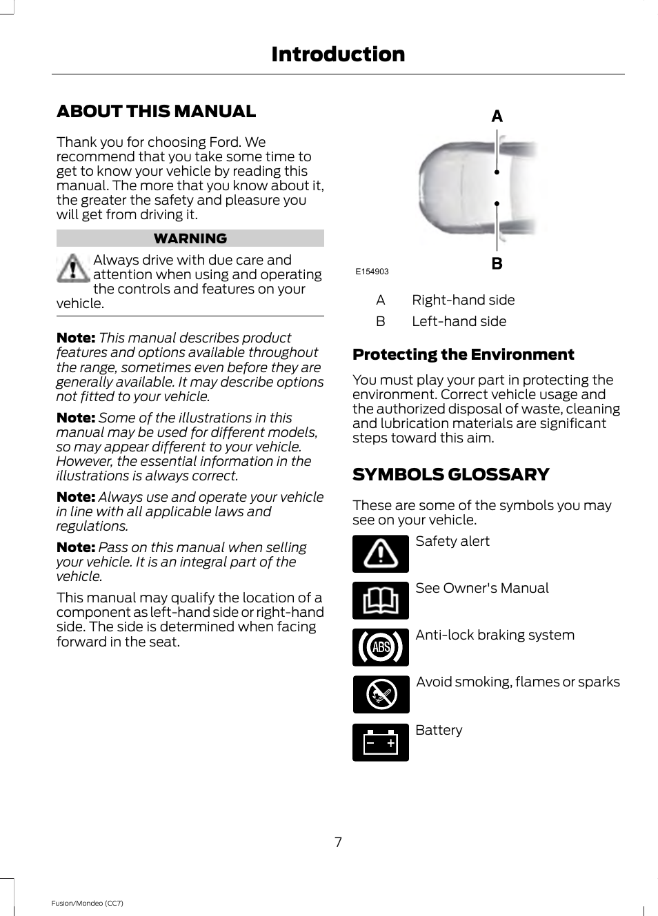 Introduction, About this manual, Symbols glossary | About this manual symbols glossary | FORD 2013 Fusion v.3 User Manual | Page 10 / 458