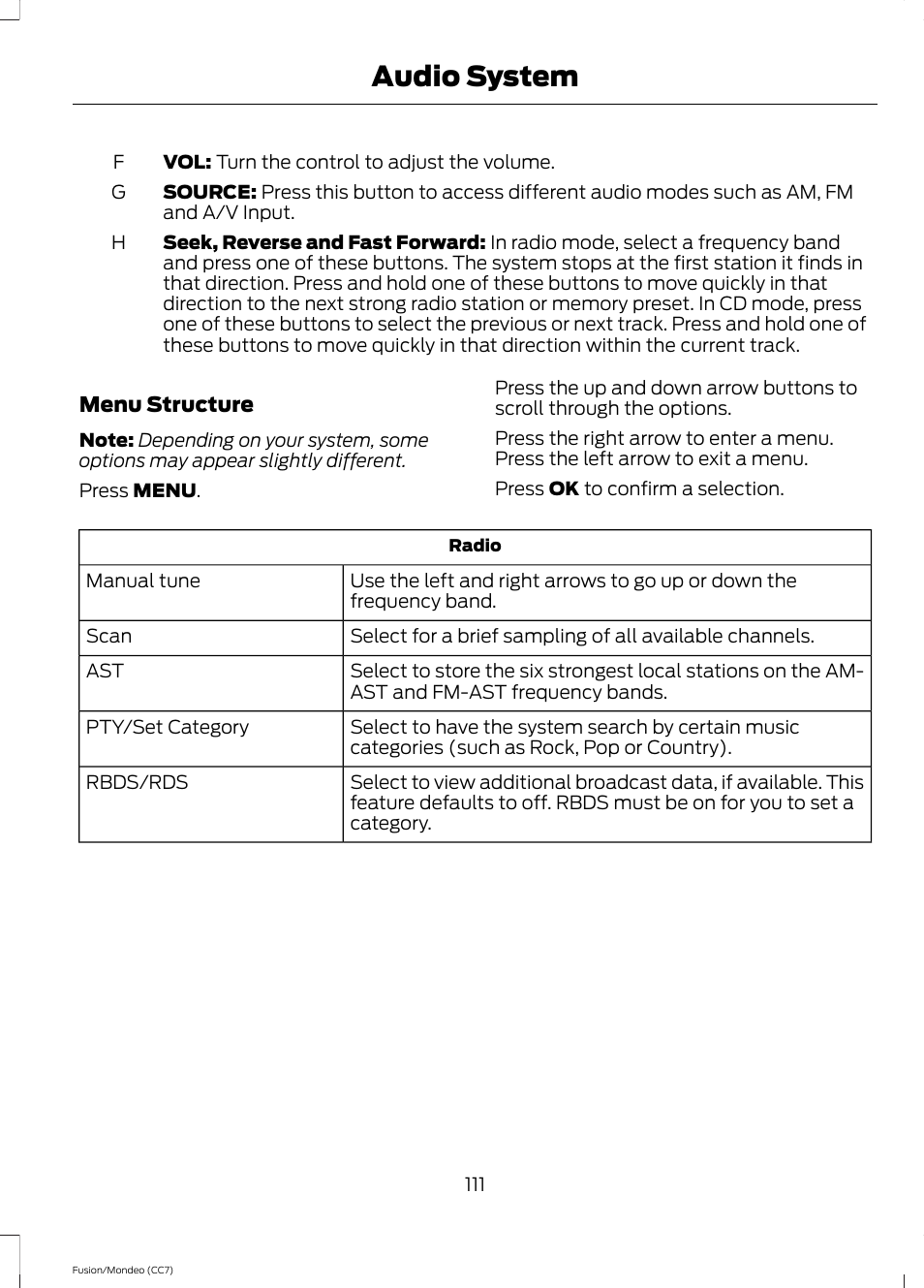 Audio system | FORD 2013 Fusion v.3 User Manual | Page 114 / 458