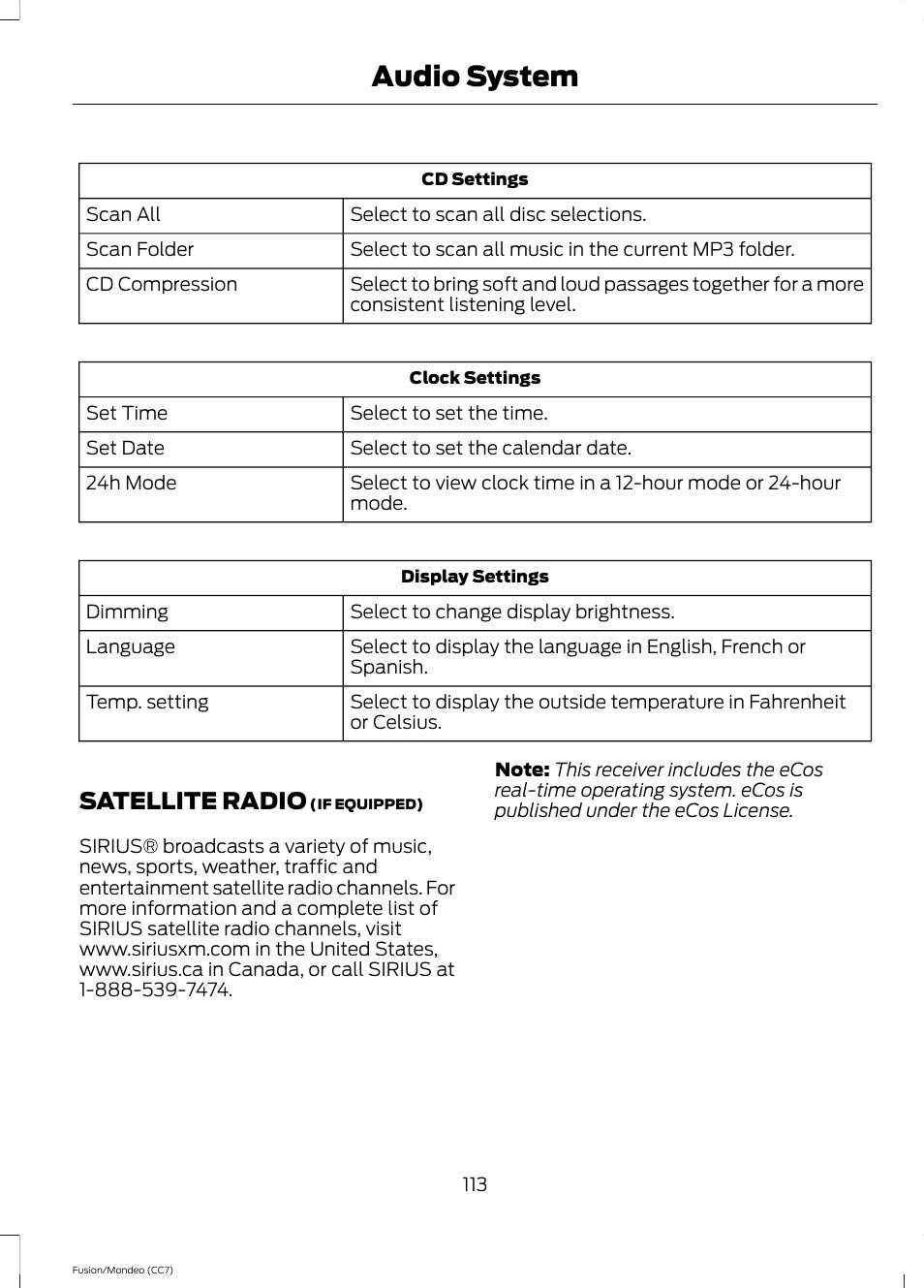 Satellite radio, Audio system | FORD 2013 Fusion v.3 User Manual | Page 116 / 458