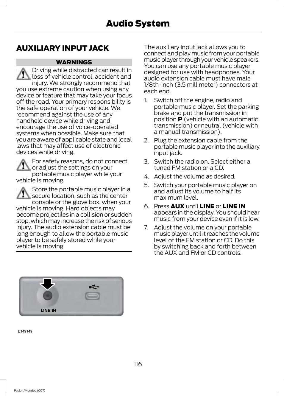 Auxiliary input jack, Audio system | FORD 2013 Fusion v.3 User Manual | Page 119 / 458