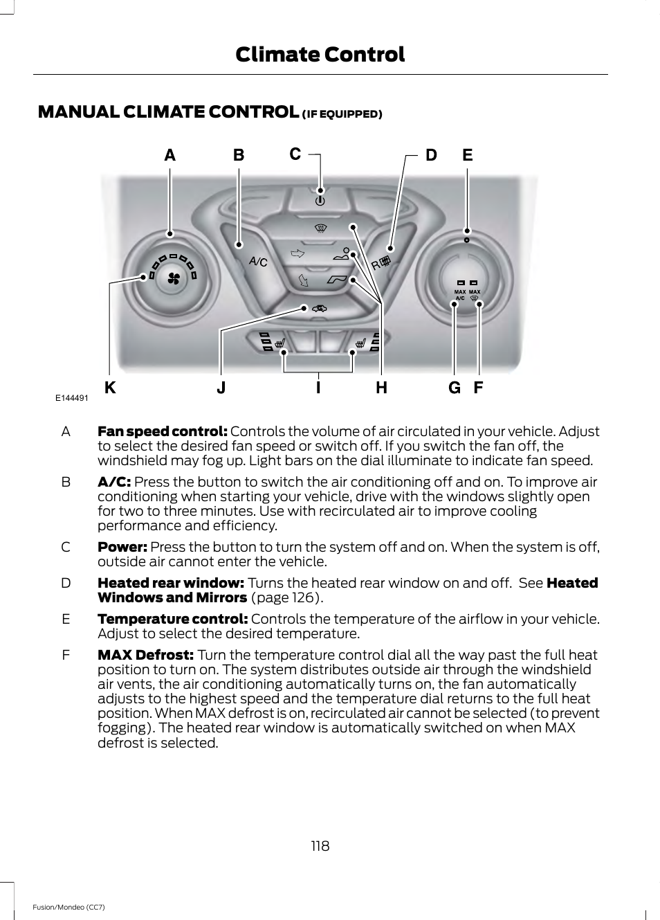 Climate control, Manual climate control | FORD 2013 Fusion v.3 User Manual | Page 121 / 458