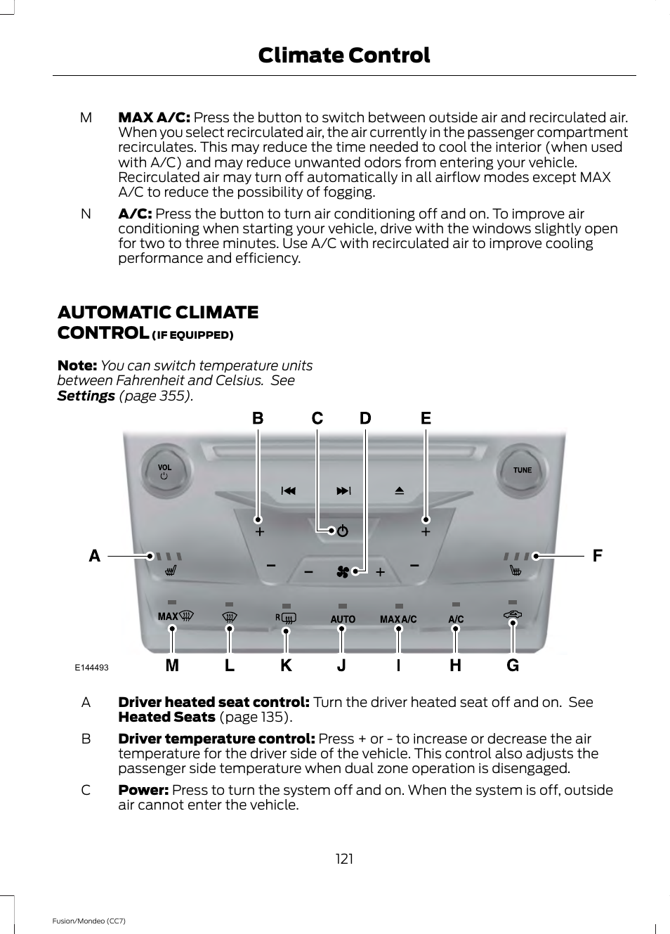 Automatic climate control, Climate control | FORD 2013 Fusion v.3 User Manual | Page 124 / 458