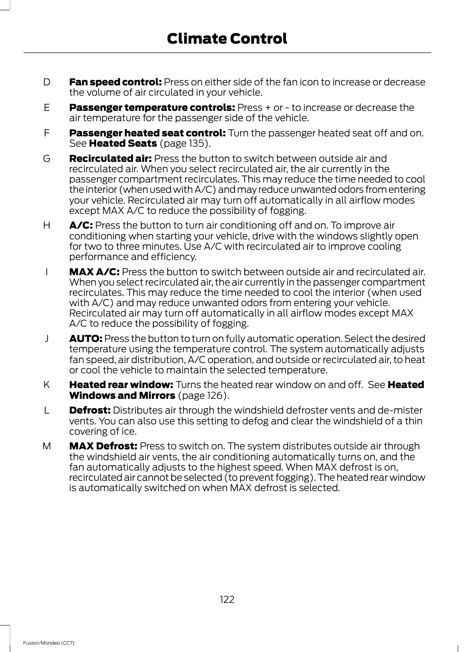 Climate control | FORD 2013 Fusion v.3 User Manual | Page 125 / 458