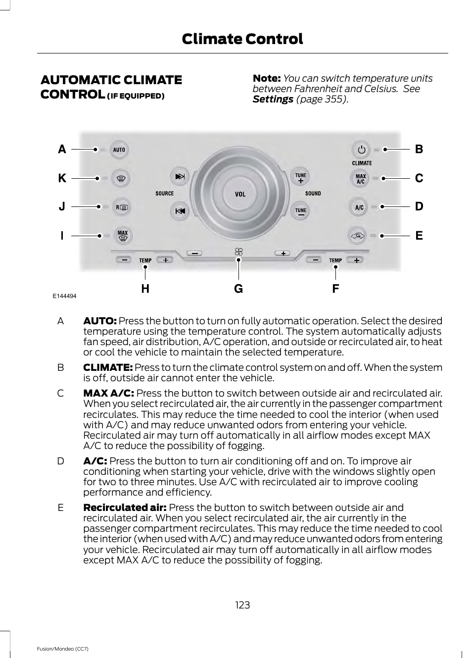 Automatic climate control, Climate control | FORD 2013 Fusion v.3 User Manual | Page 126 / 458