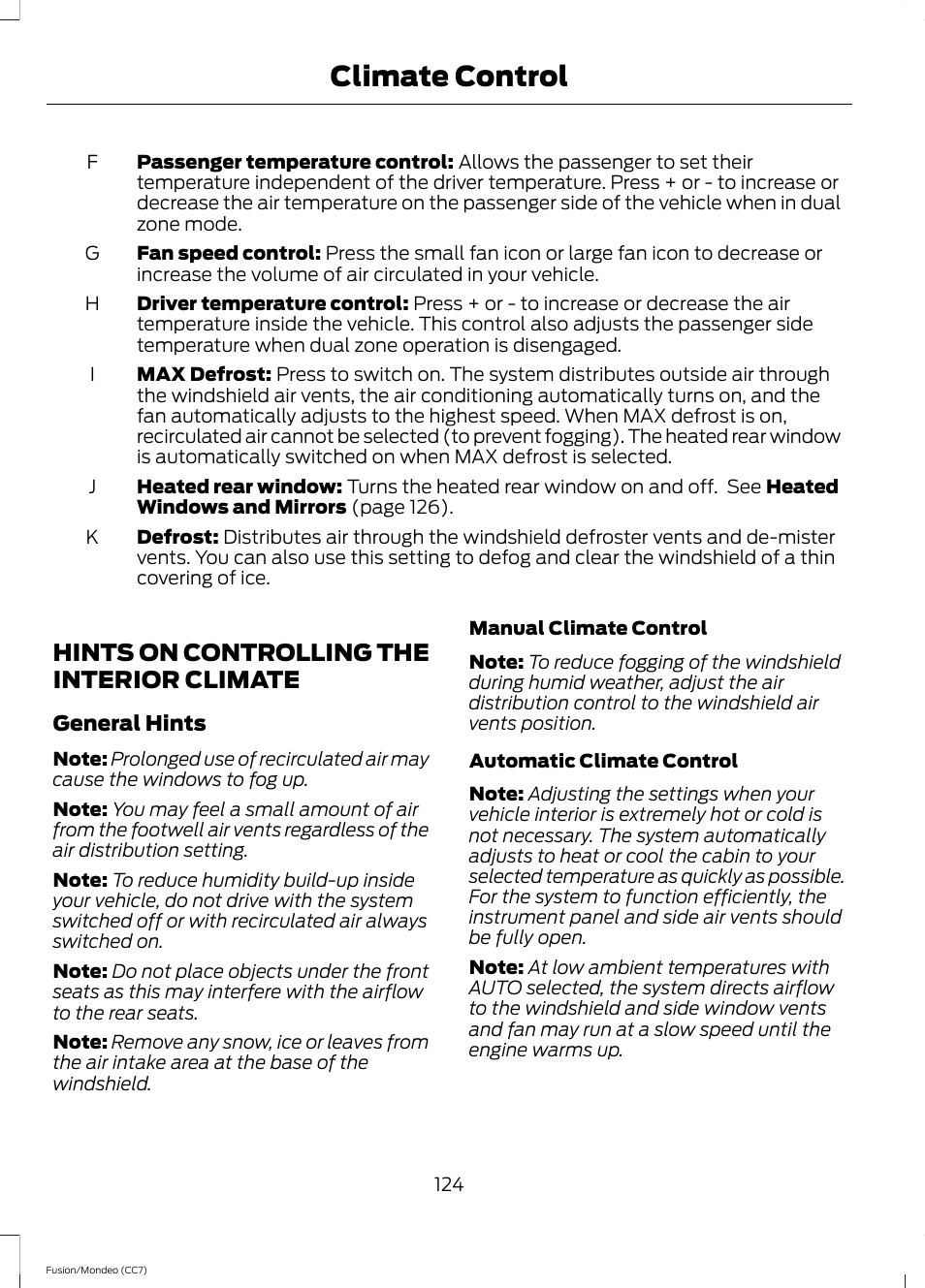 Hints on controlling the interior climate, Hints on controlling the interior, Climate | Climate control | FORD 2013 Fusion v.3 User Manual | Page 127 / 458